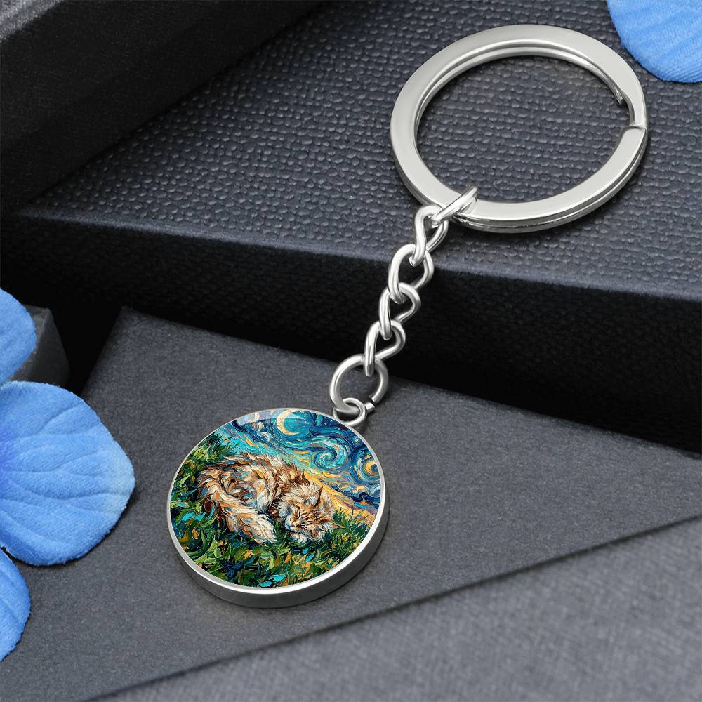 Sleepy Maine Coon Night Round Keychain