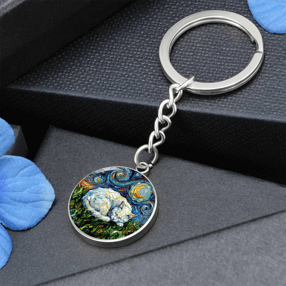 Sleepy White Cat Night Round Keychain