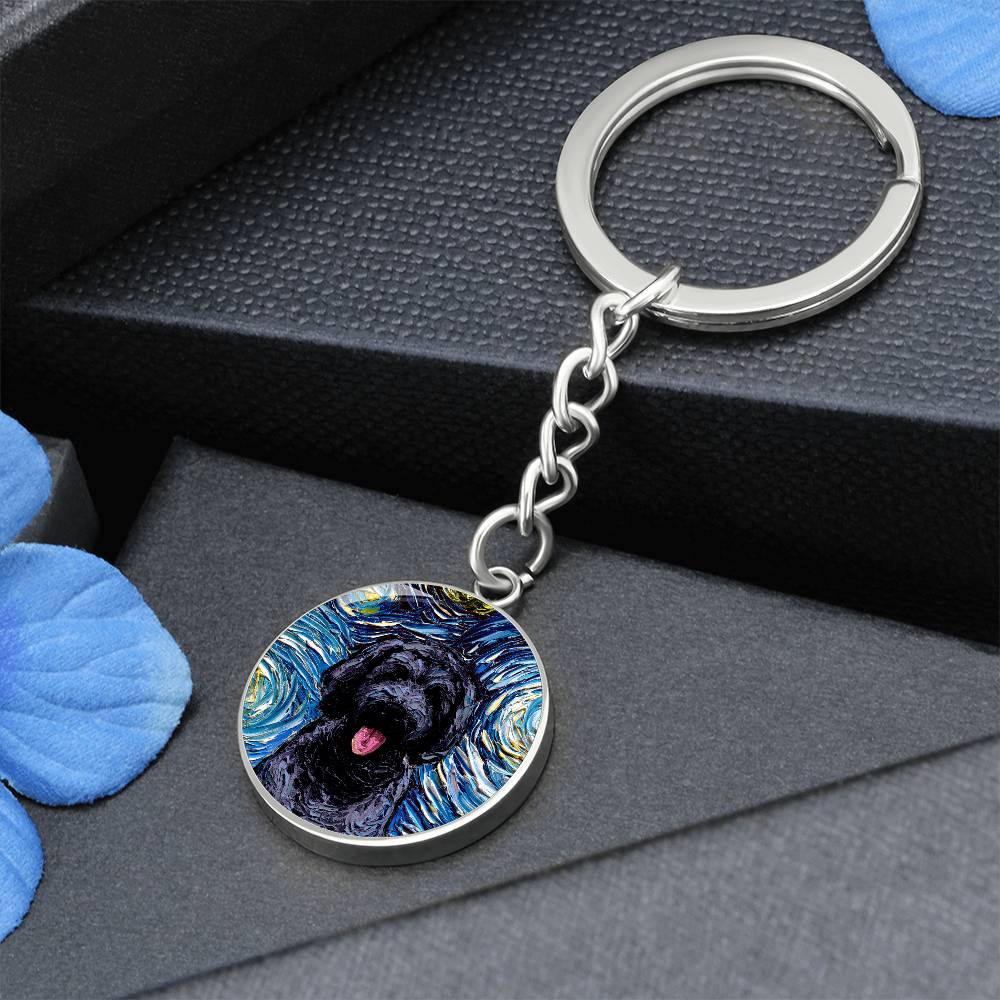 Black Goldendoodle Starry Night Round Keychain