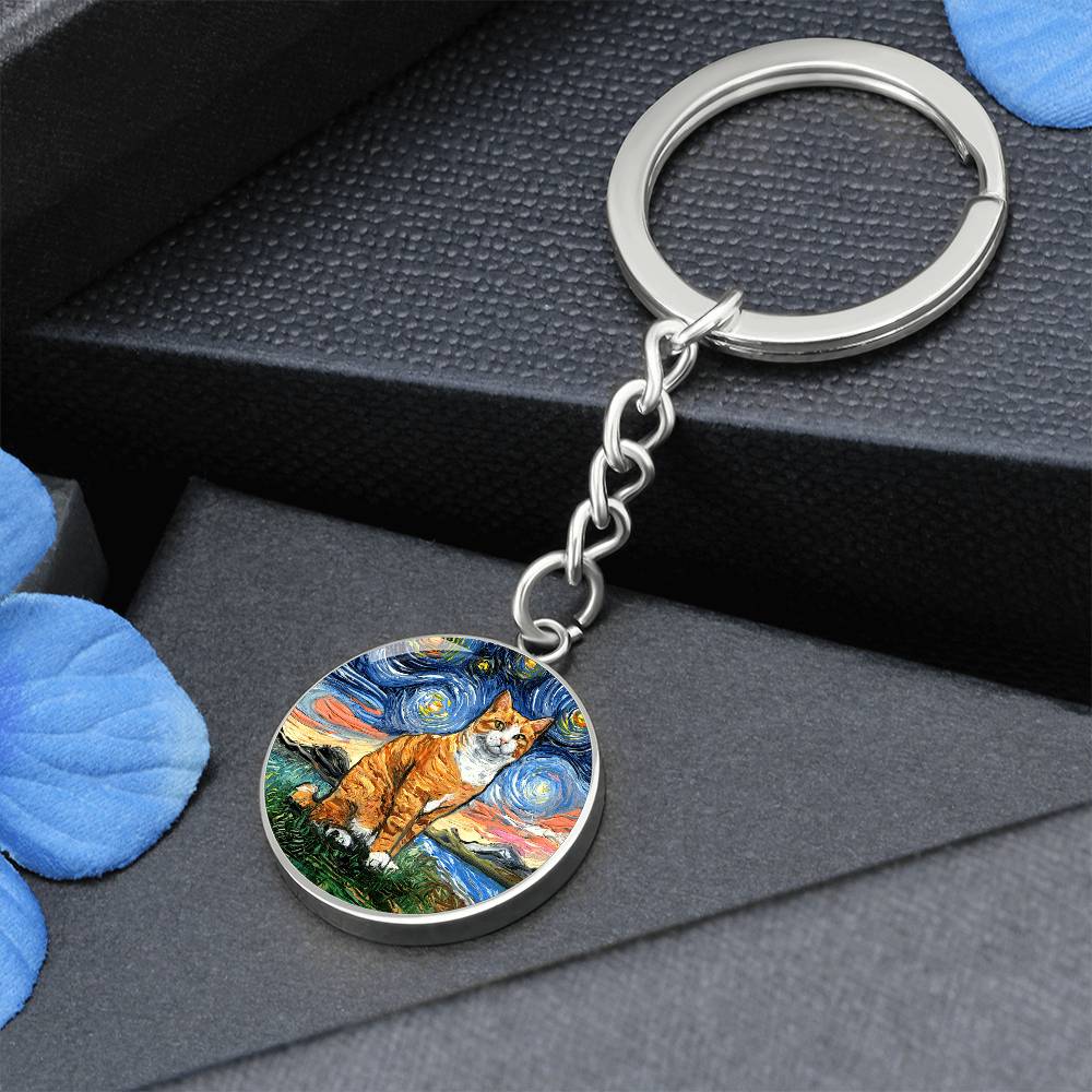 Orange and White Tabby Starry Night Round Keychain