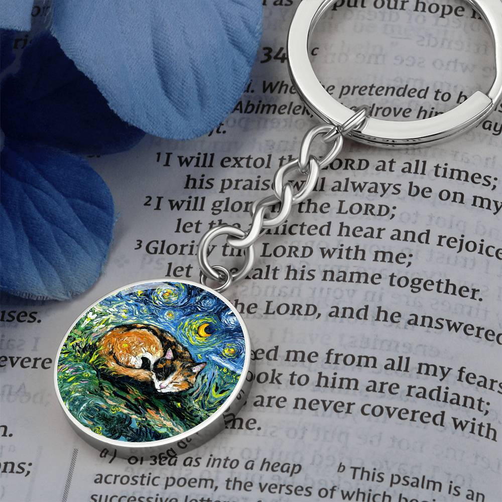 Sleeping Calico Cat Starry Night Round Keychain