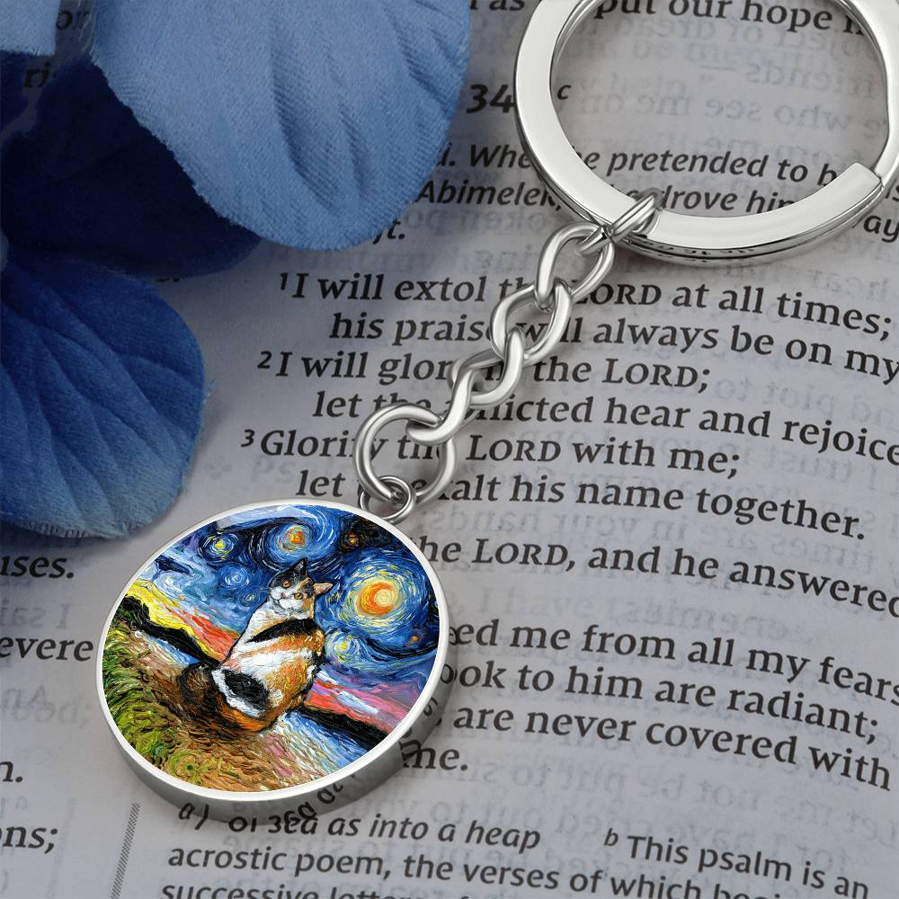 Calico Cat Starry Night Round Keychain