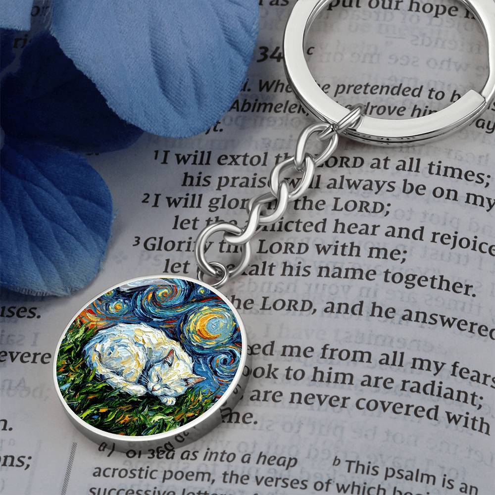 Sleepy White Cat Night Round Keychain