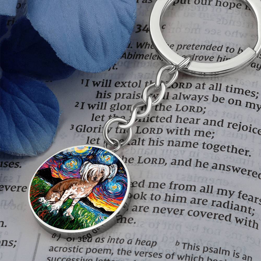 Chinese Crested Starry Night Round Keychain