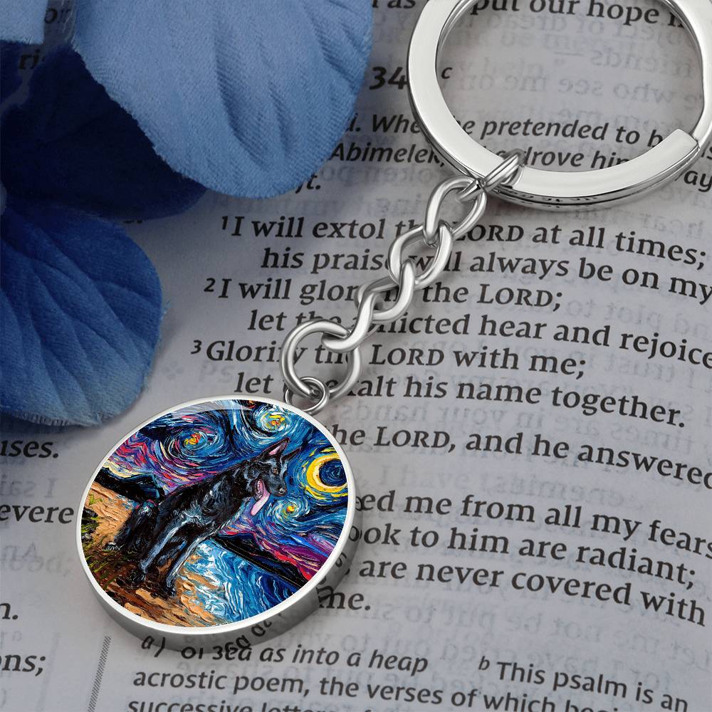 Black German Shepherd Starry Night Round Keychain