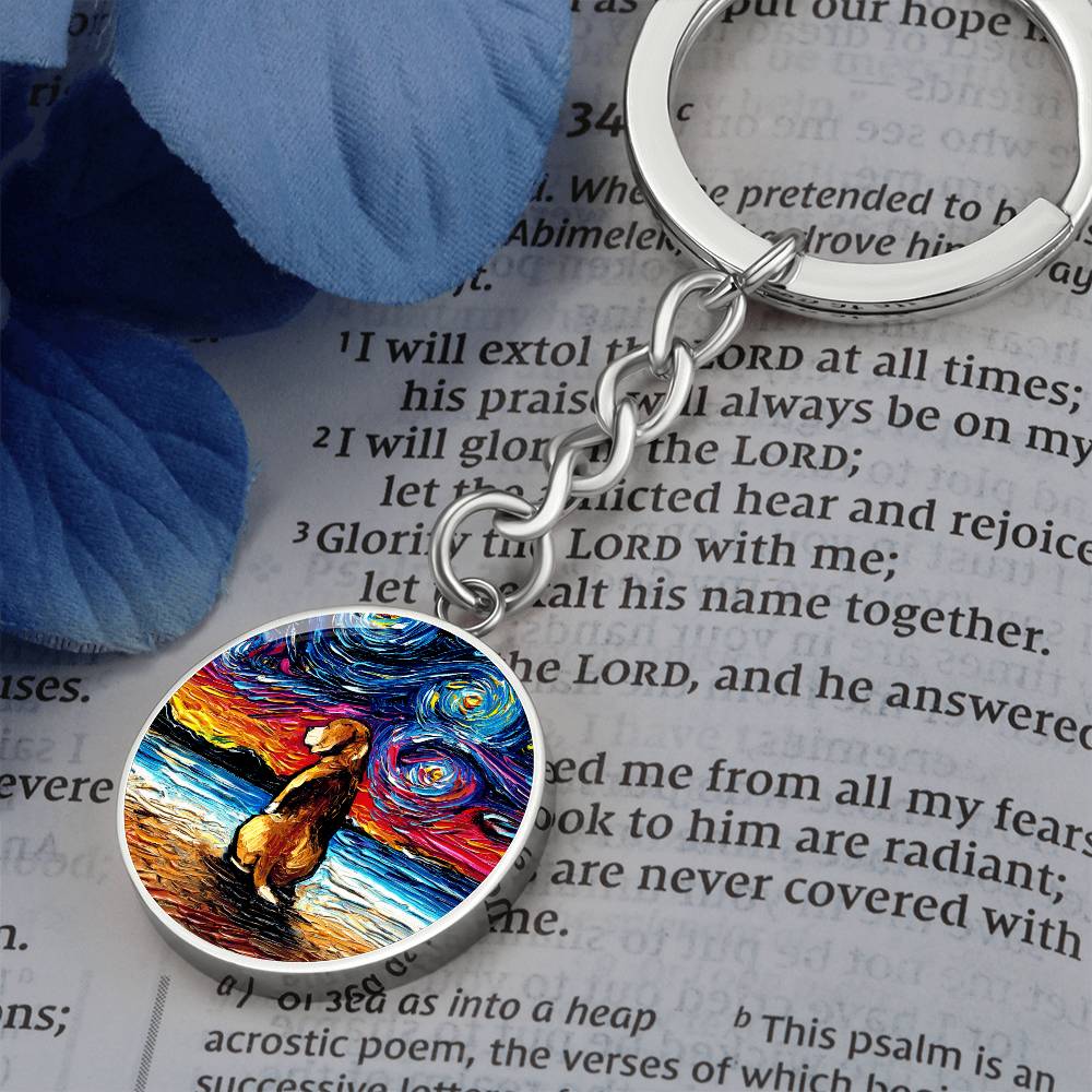 Beagle at the Beach Starry Night Round Keychain