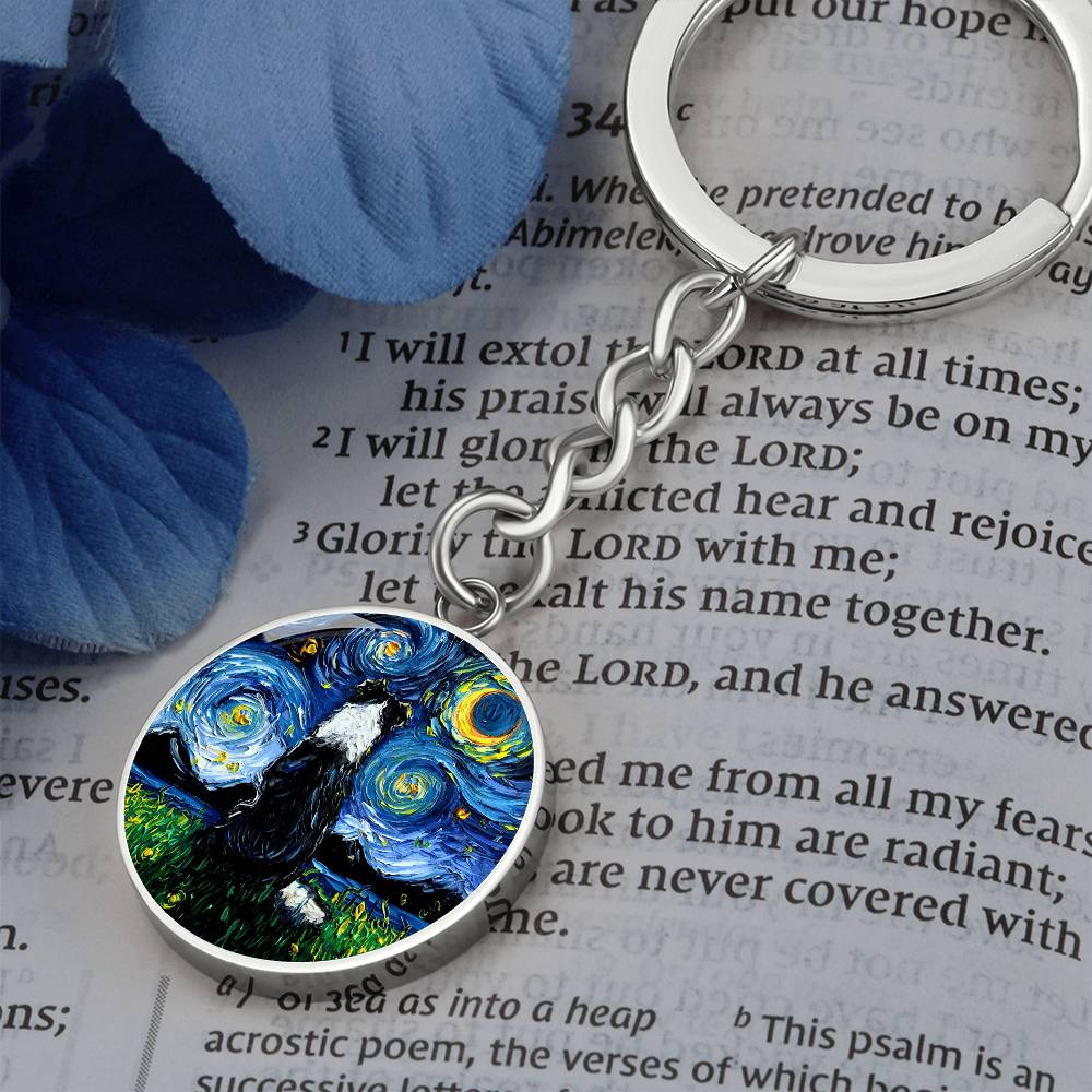 Border Collie Back Starry Night Round Keychain