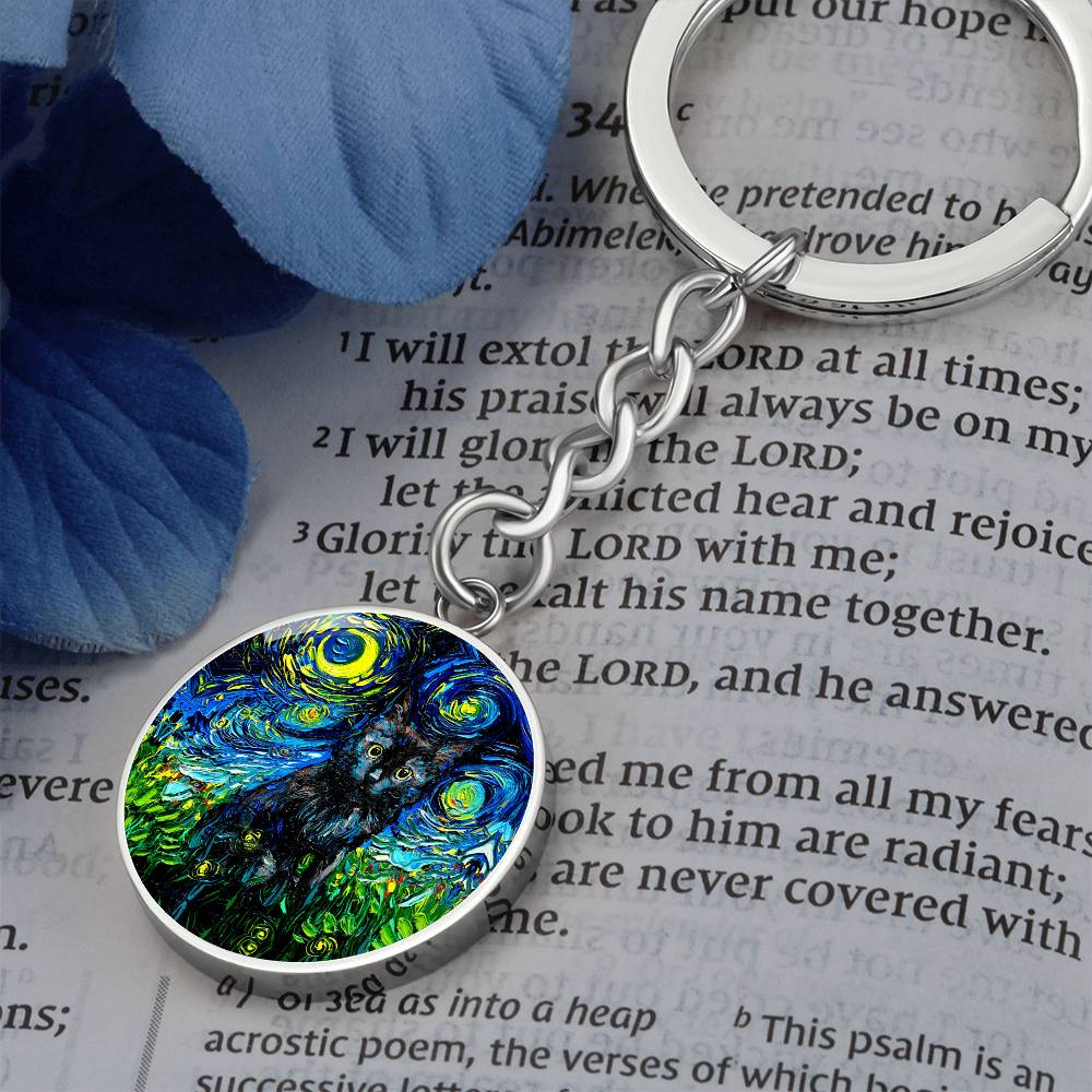 Black Cat Starry Night Round Keychain