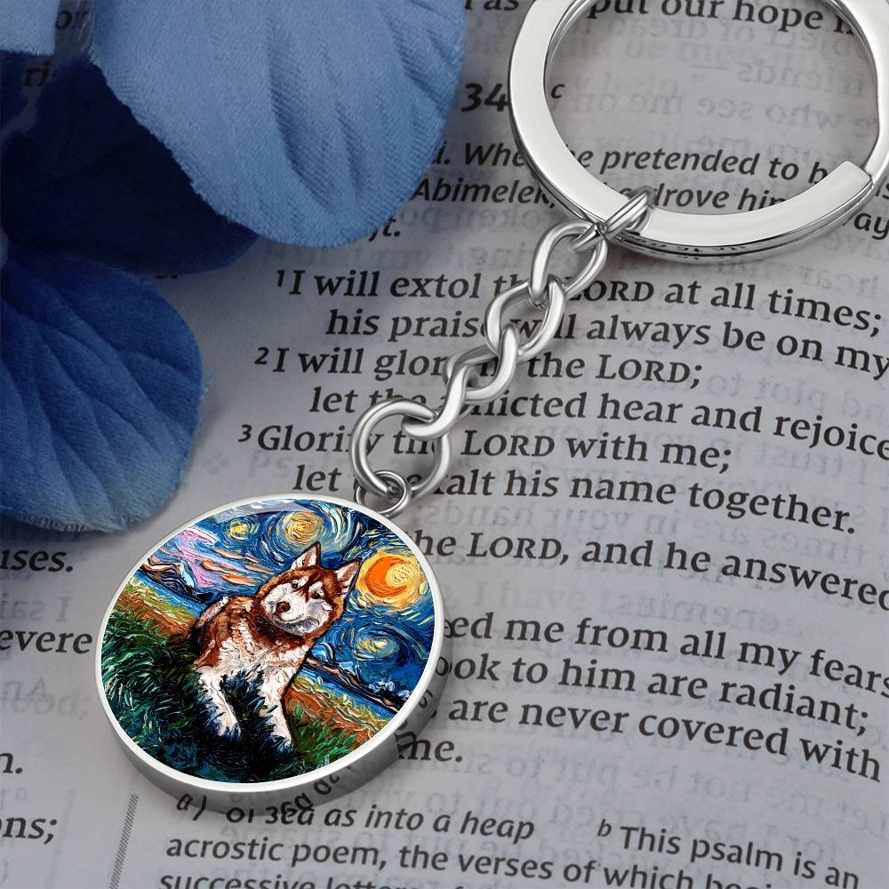 Red Husky Starry Night Round Keychain