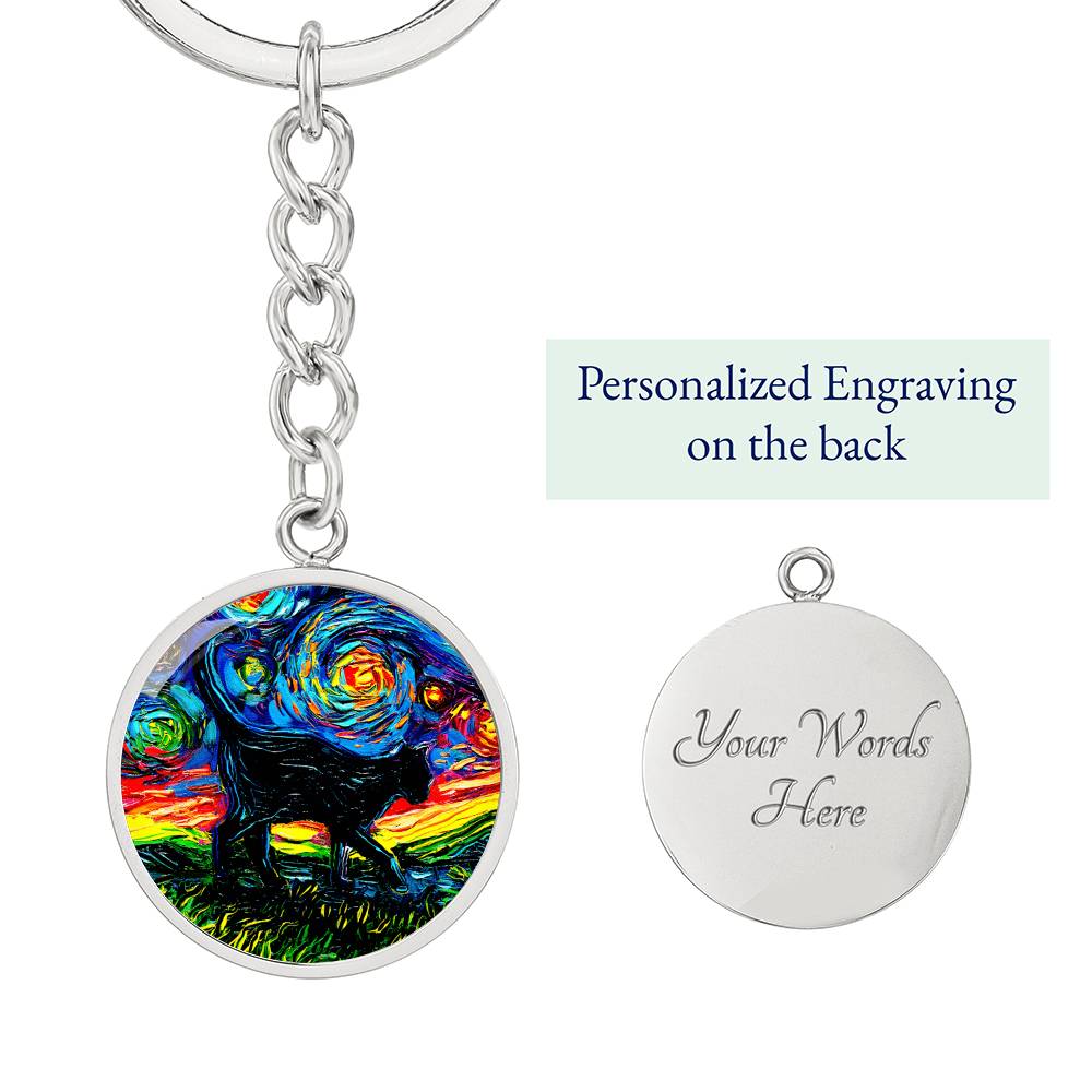 Black Cat Silhouette Starry Night Round Keychain