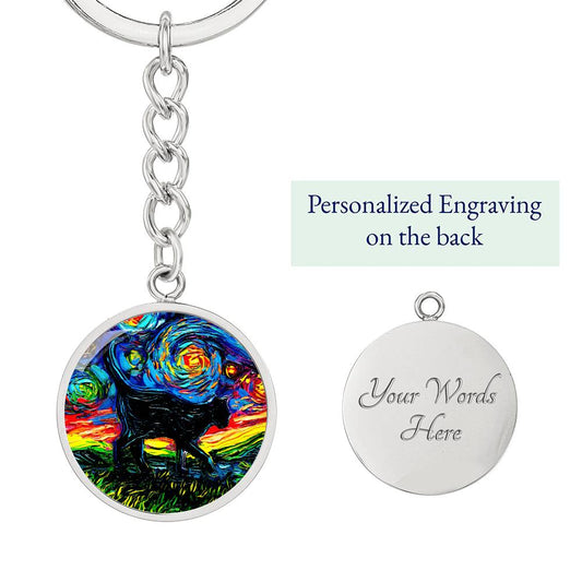 Black Cat Silhouette Starry Night Round Keychain