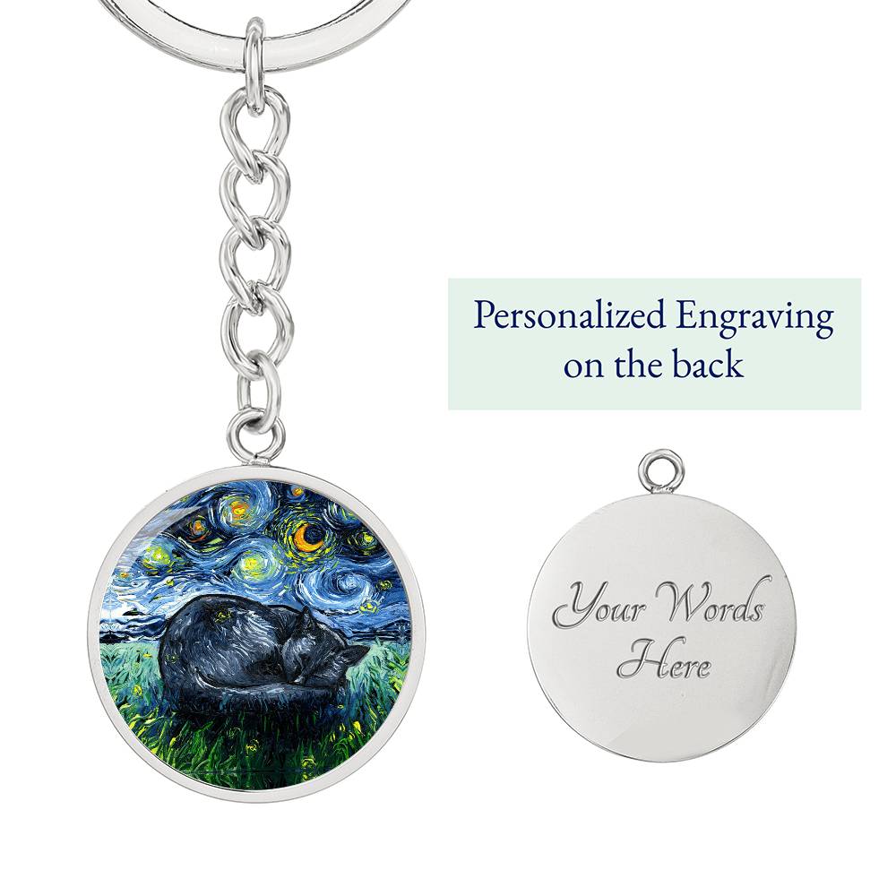 Sleeping Black Cat Starry Night Round Keychain