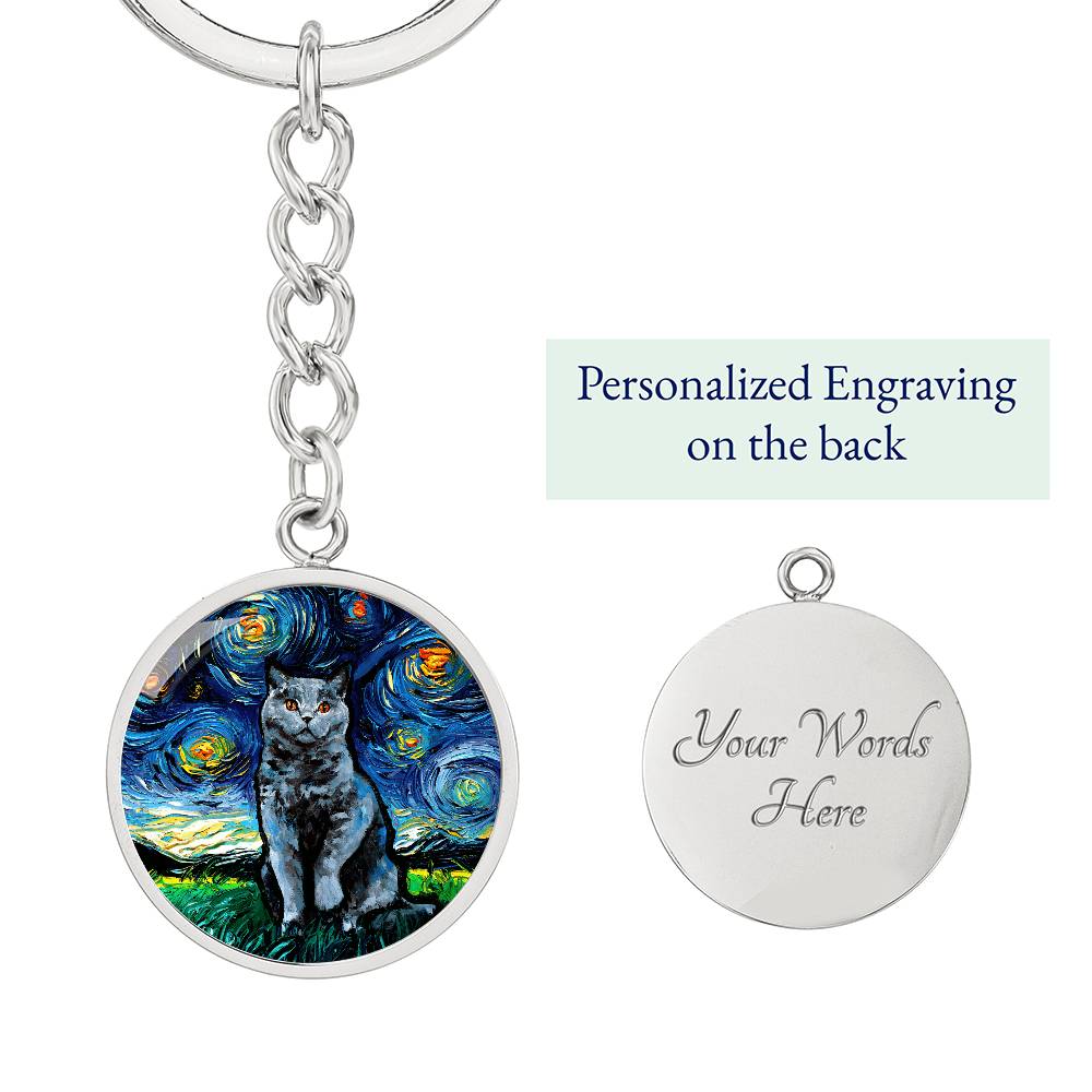Blue British Shorthair Starry Night Round Keychain