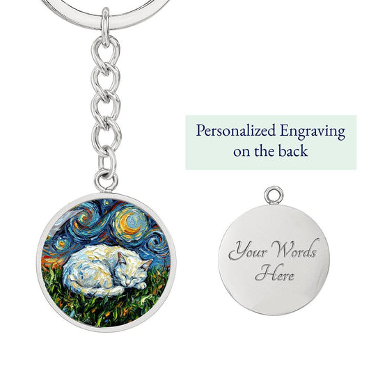 Sleepy White Cat Night Round Keychain