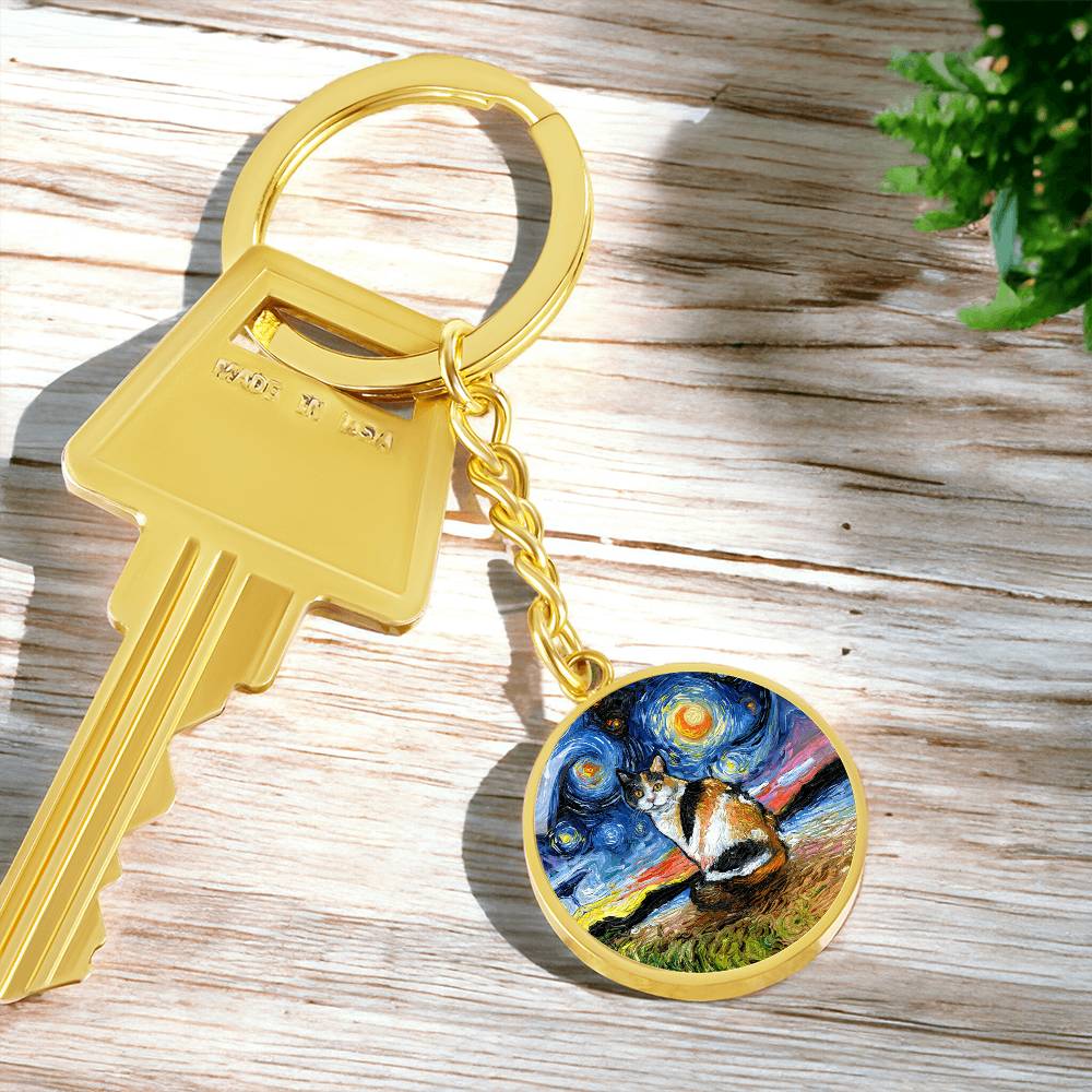 Calico Cat Starry Night Round Keychain