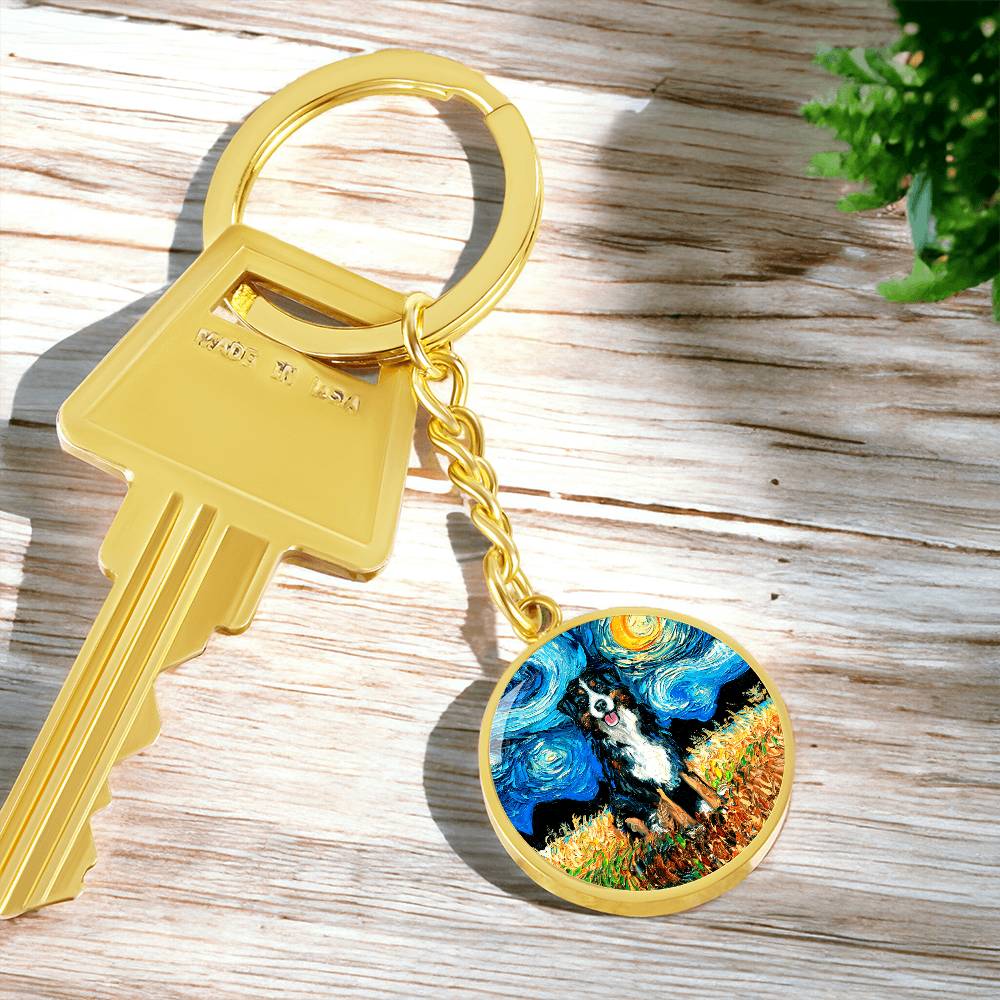 Bernese Mountain Dog Starry Night Round Keychain