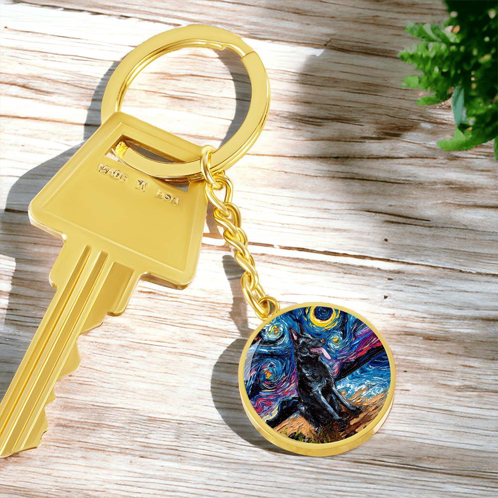 Black German Shepherd Starry Night Round Keychain