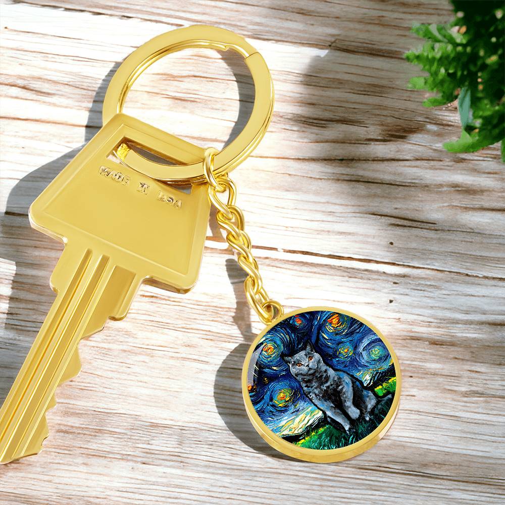 Blue British Shorthair Starry Night Round Keychain