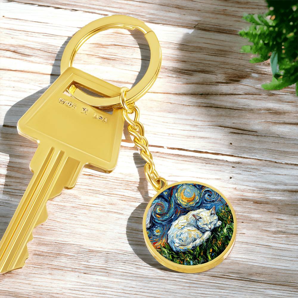 Sleepy White Cat Night Round Keychain