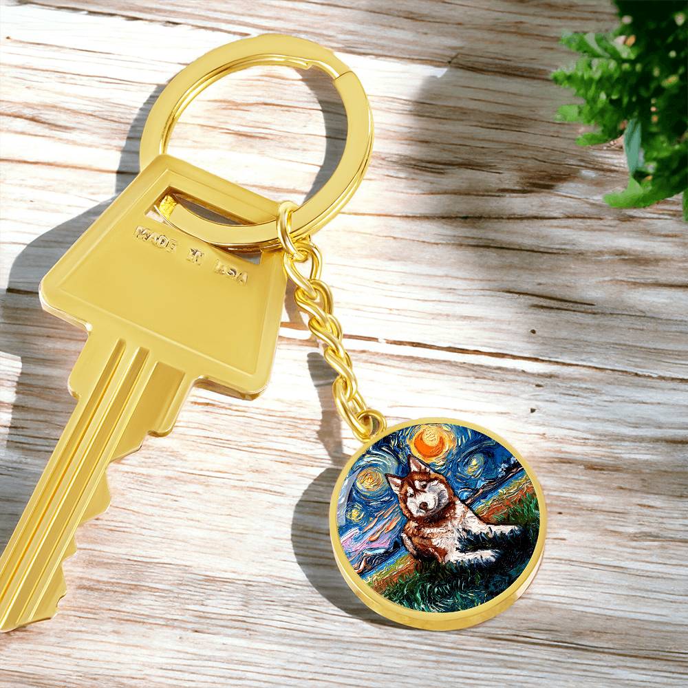 Red Husky Starry Night Round Keychain