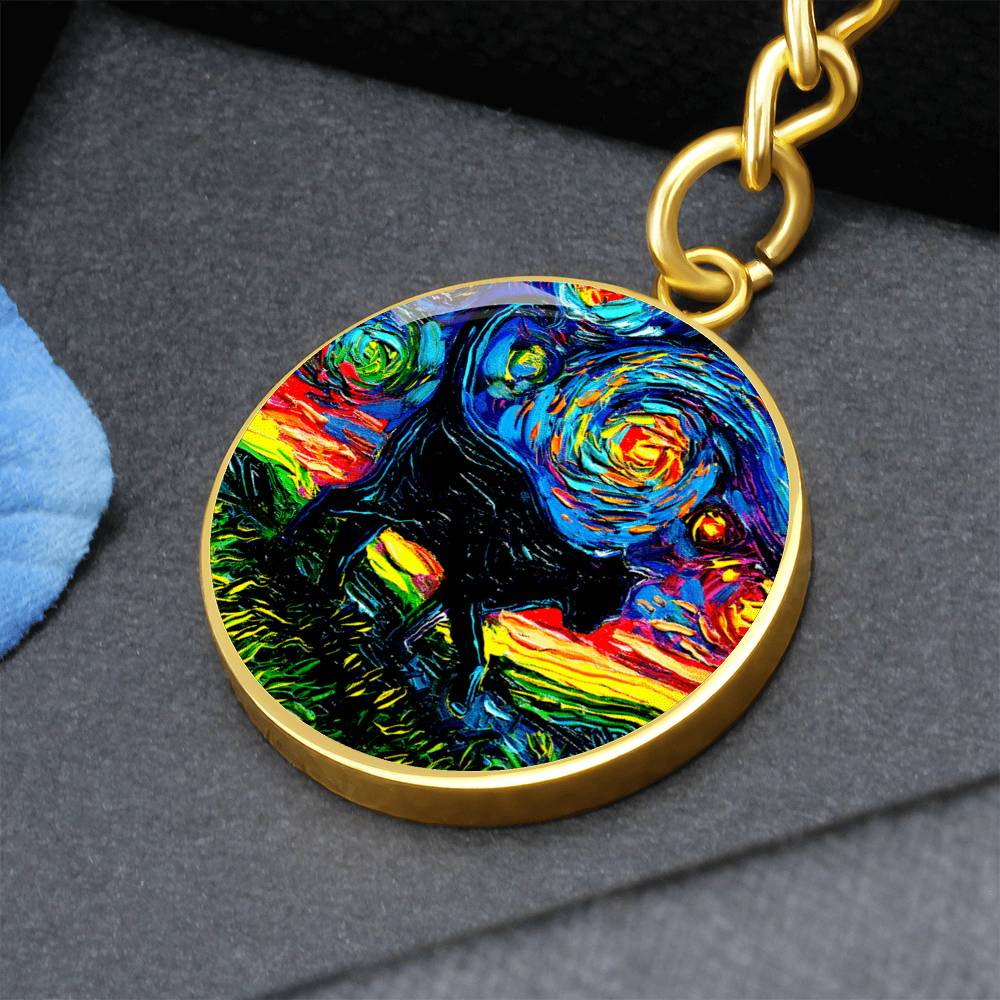 Black Cat Silhouette Starry Night Round Keychain