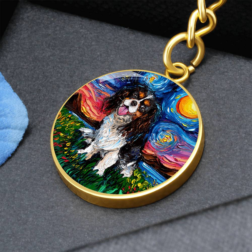 Tri Color Cavalier King Charles Spaniel Starry Night Round Keychain
