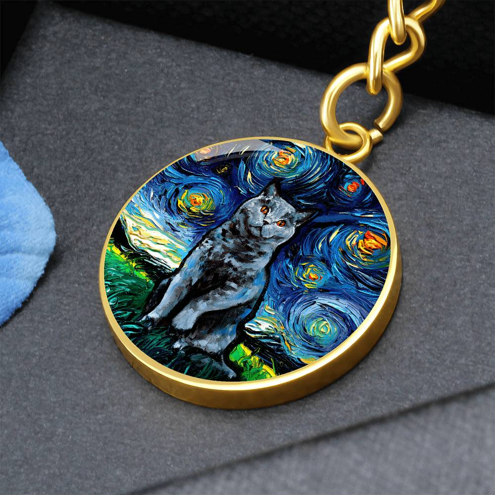 Blue British Shorthair Starry Night Round Keychain
