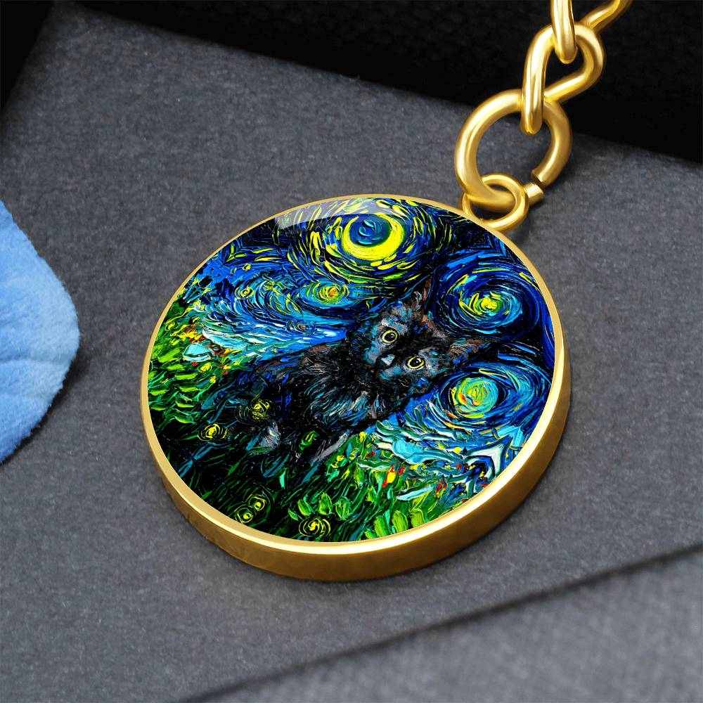 Black Cat Starry Night Round Keychain
