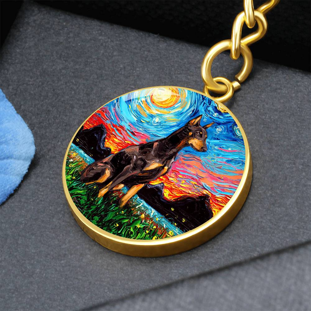 Red Doberman Starry Night Round Keychain