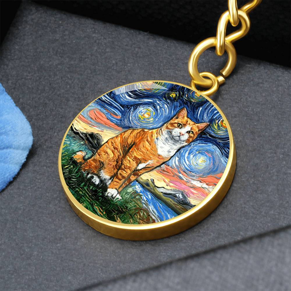 Orange and White Tabby Starry Night Round Keychain
