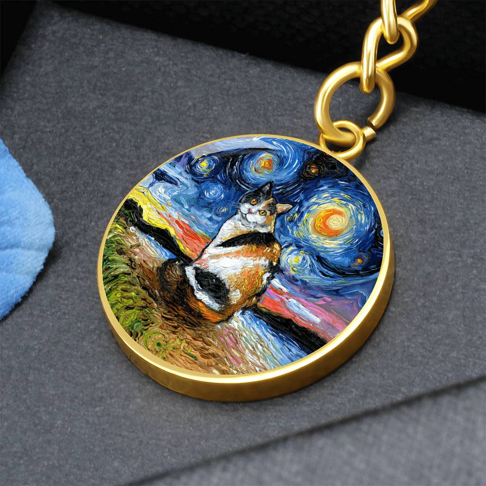 Calico Cat Starry Night Round Keychain