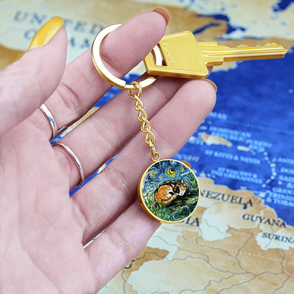 Sleeping Calico Cat Starry Night Round Keychain