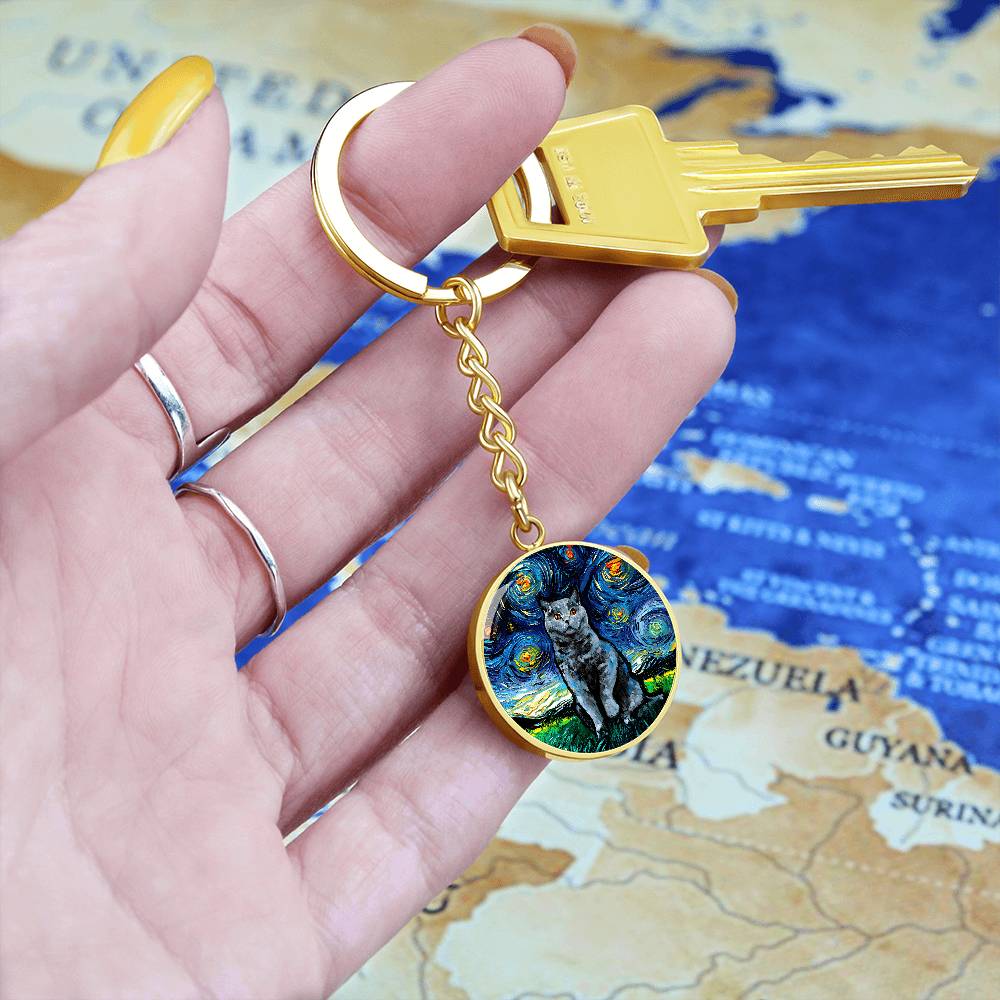 Blue British Shorthair Starry Night Round Keychain