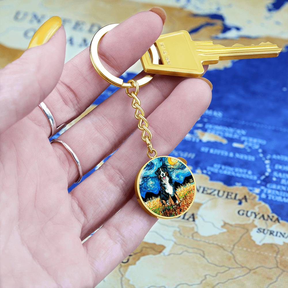 Bernese Mountain Dog Starry Night Round Keychain