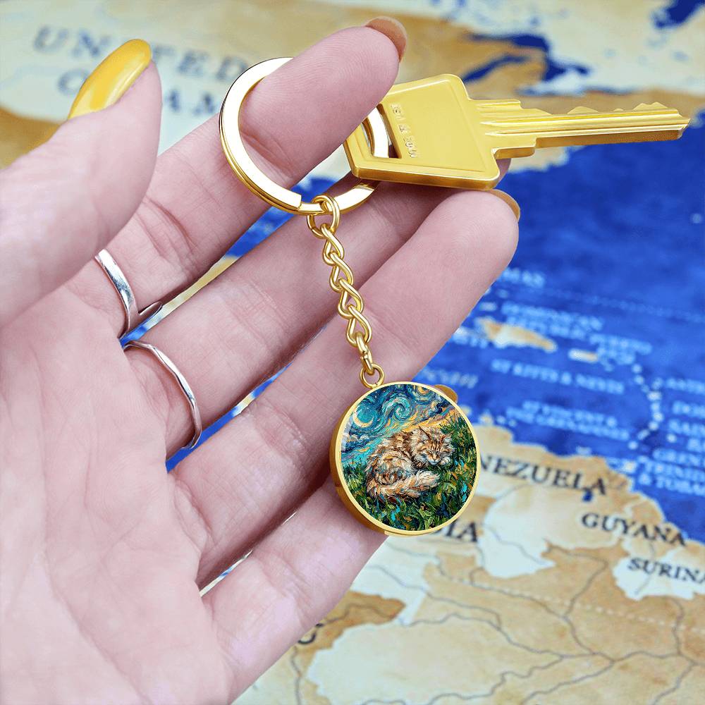 Sleepy Maine Coon Night Round Keychain