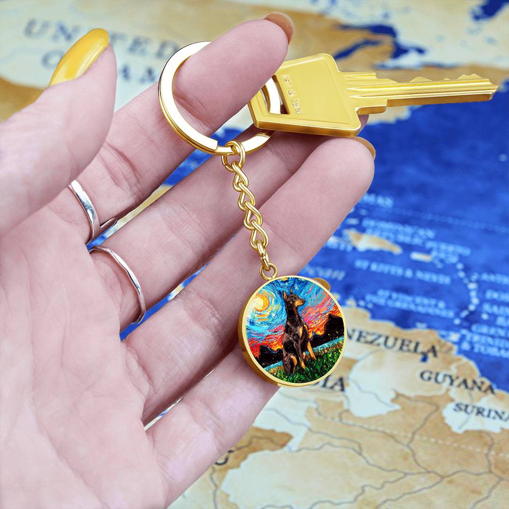 Red Doberman Starry Night Round Keychain