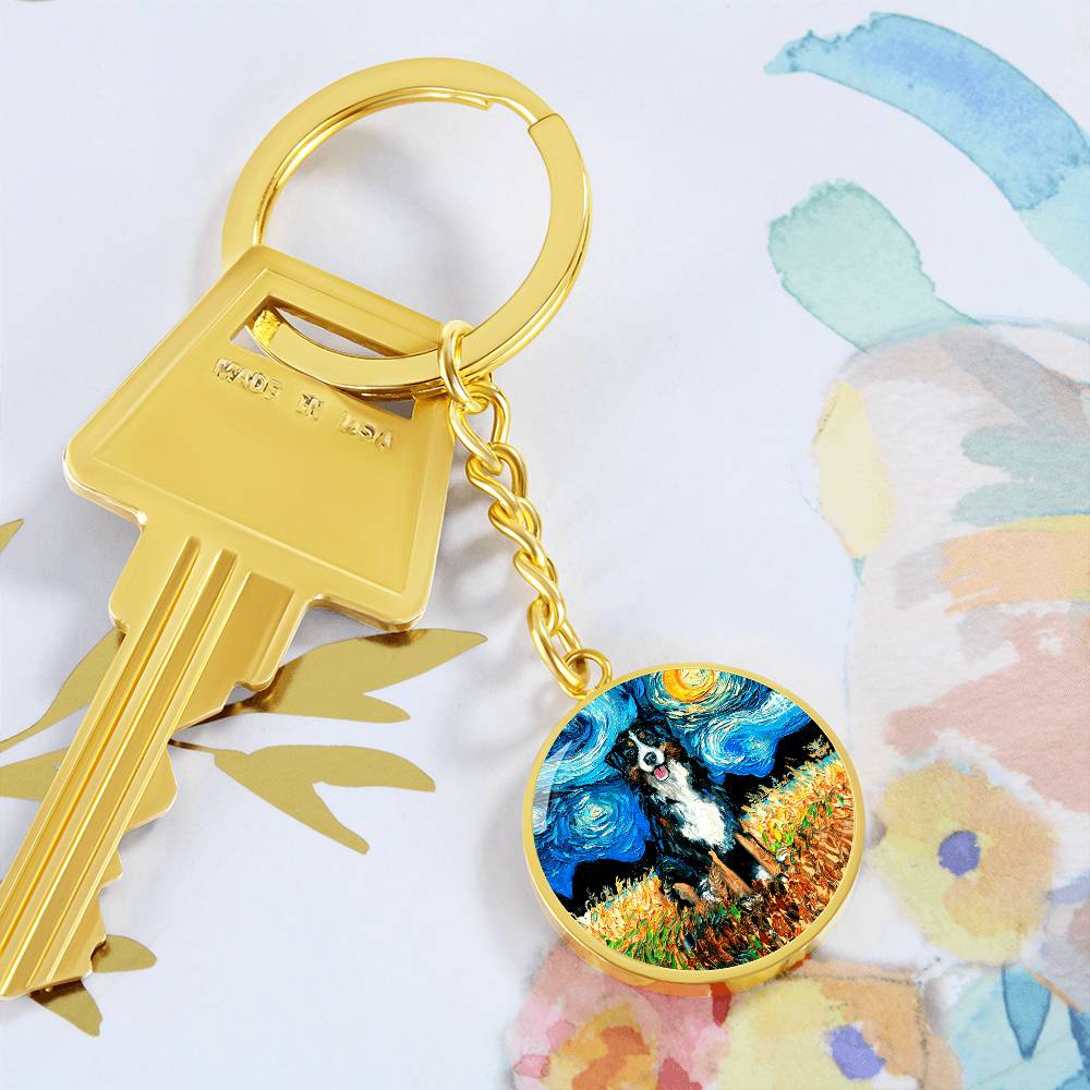 Bernese Mountain Dog Starry Night Round Keychain