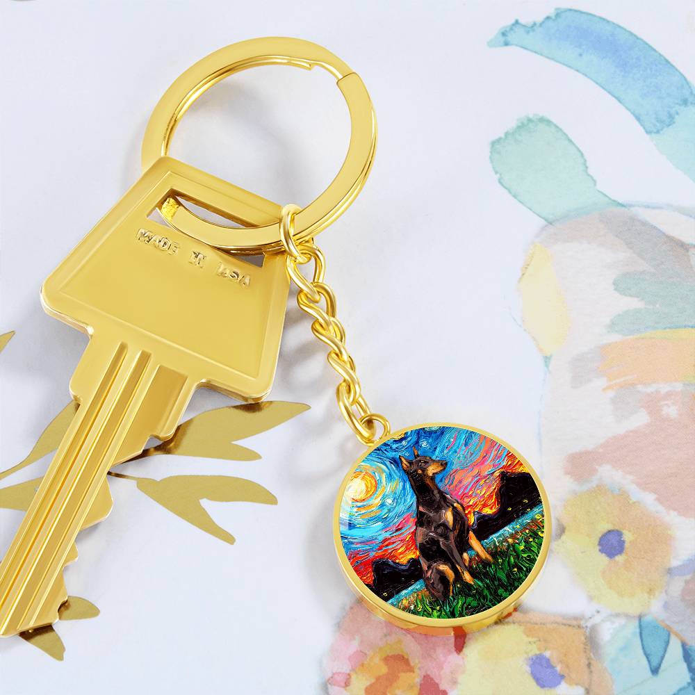 Red Doberman Starry Night Round Keychain