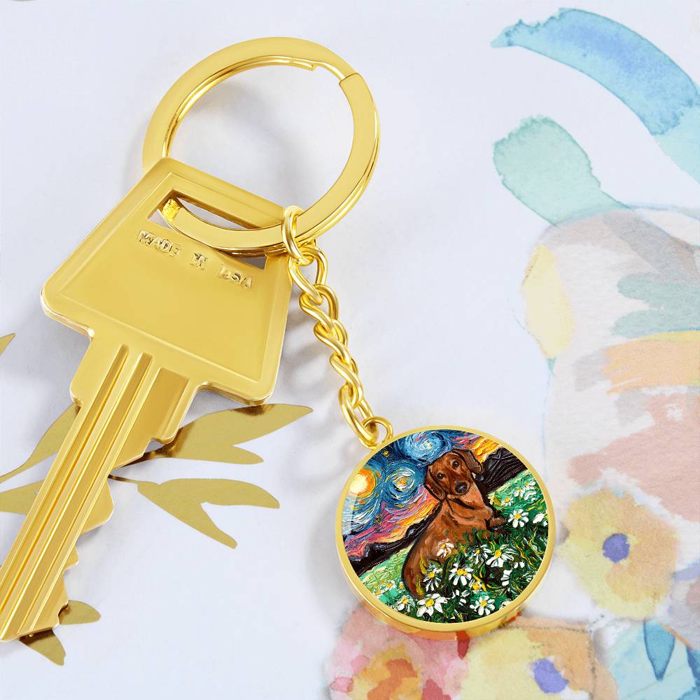 Brown Dachshund and Flowers Round Keychain