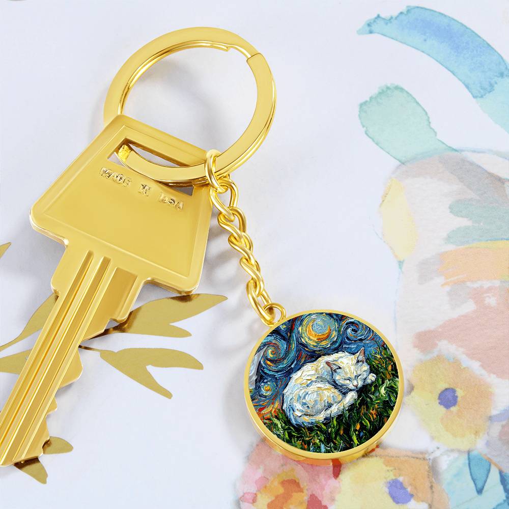 Sleepy White Cat Night Round Keychain