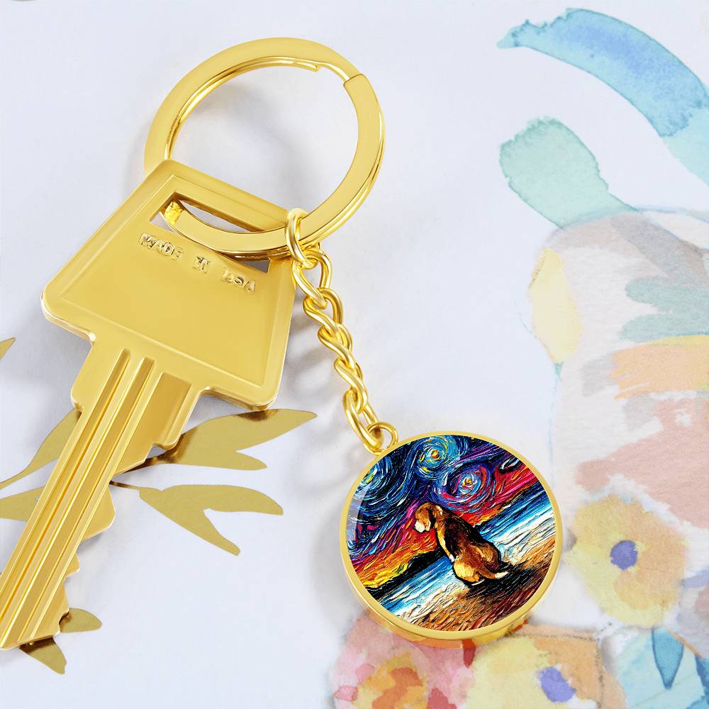 Beagle at the Beach Starry Night Round Keychain