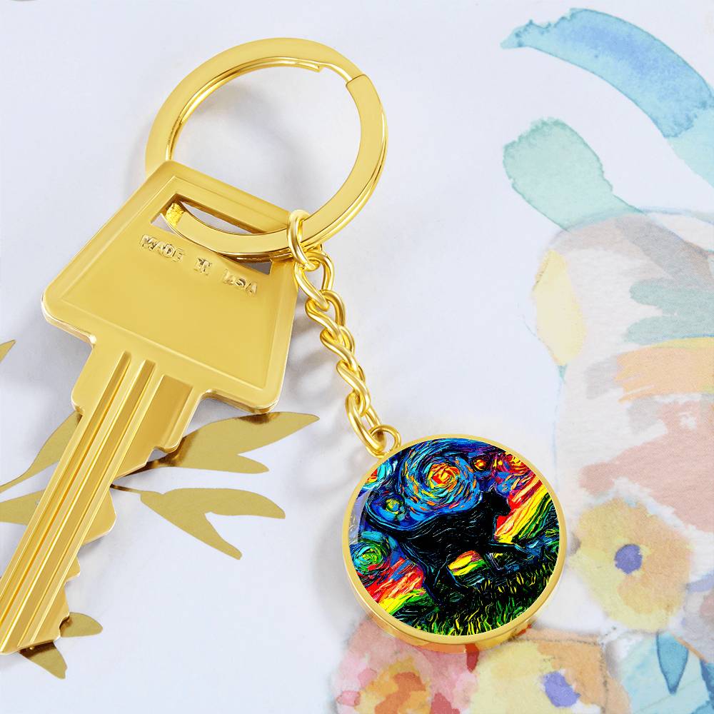 Black Cat Silhouette Starry Night Round Keychain