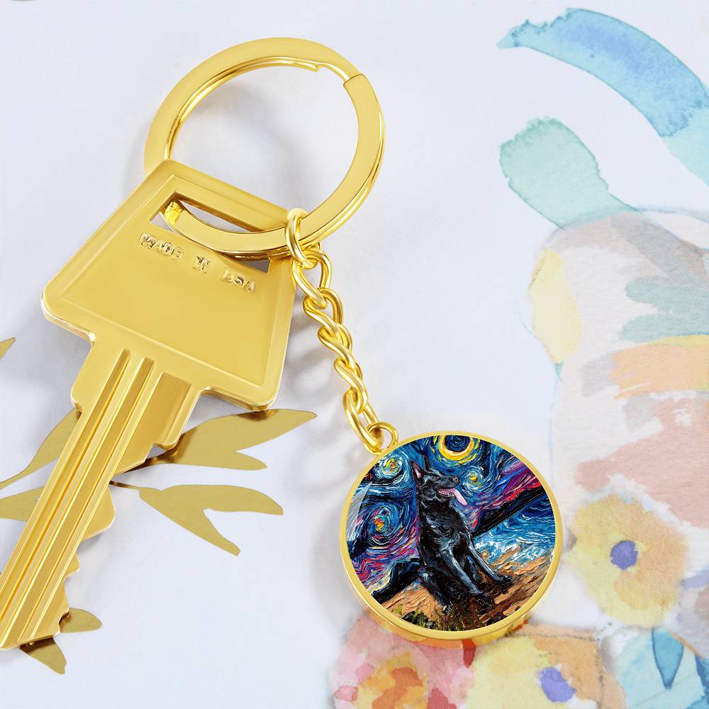 Black German Shepherd Starry Night Round Keychain