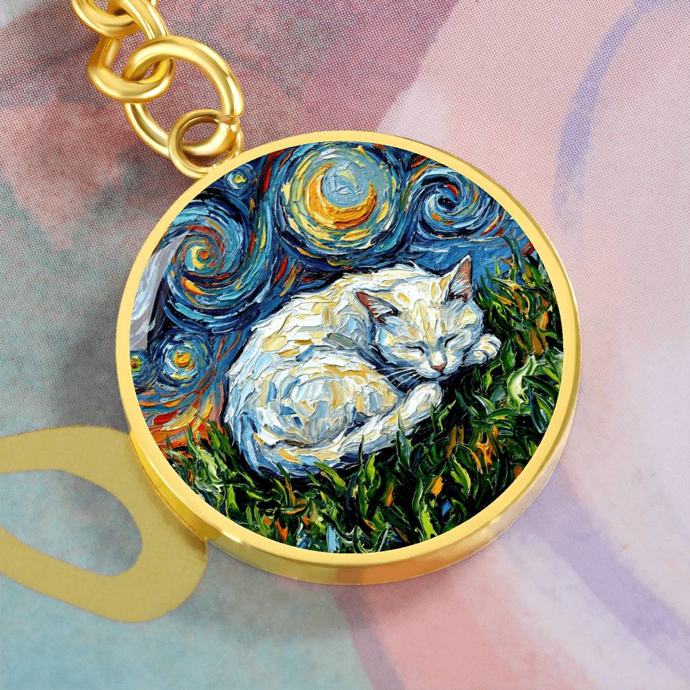 Sleepy White Cat Night Round Keychain