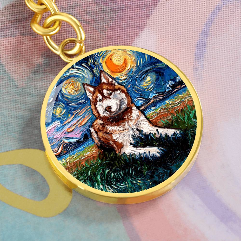 Red Husky Starry Night Round Keychain