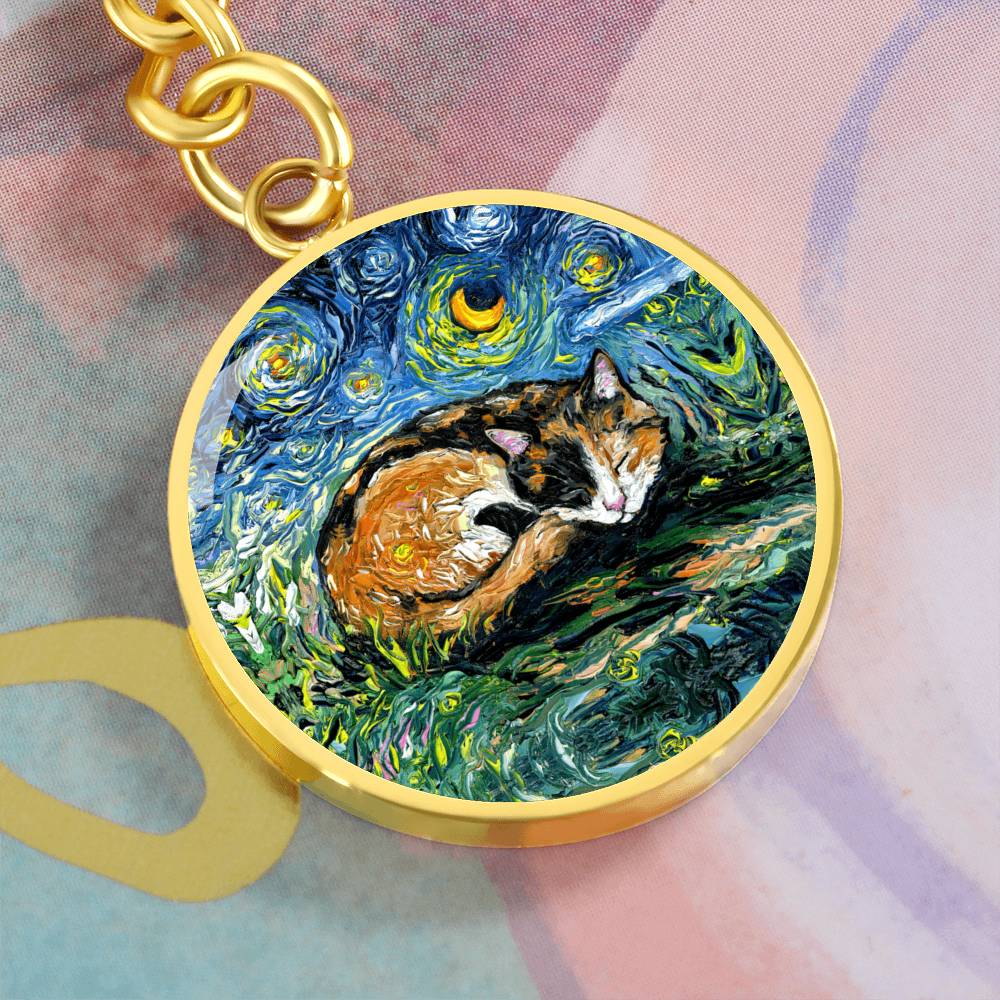 Sleeping Calico Cat Starry Night Round Keychain