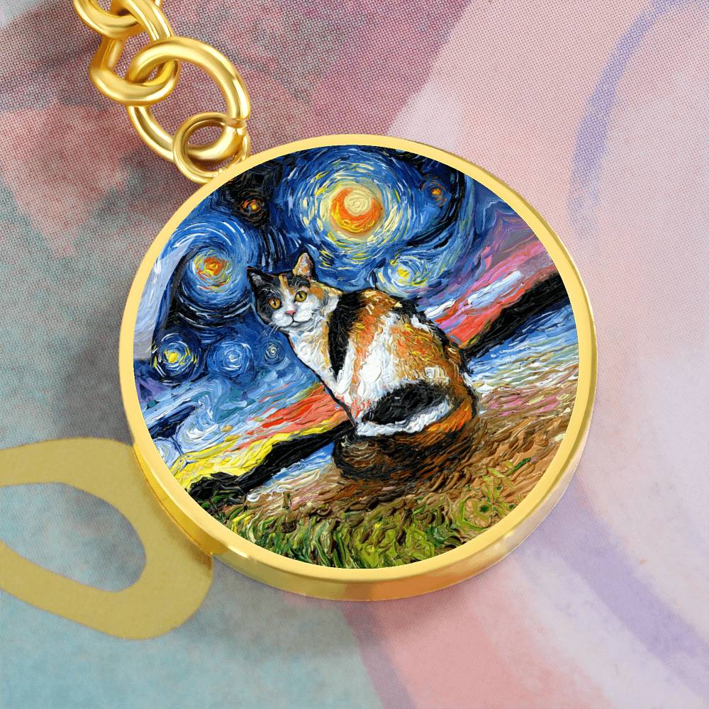 Calico Cat Starry Night Round Keychain