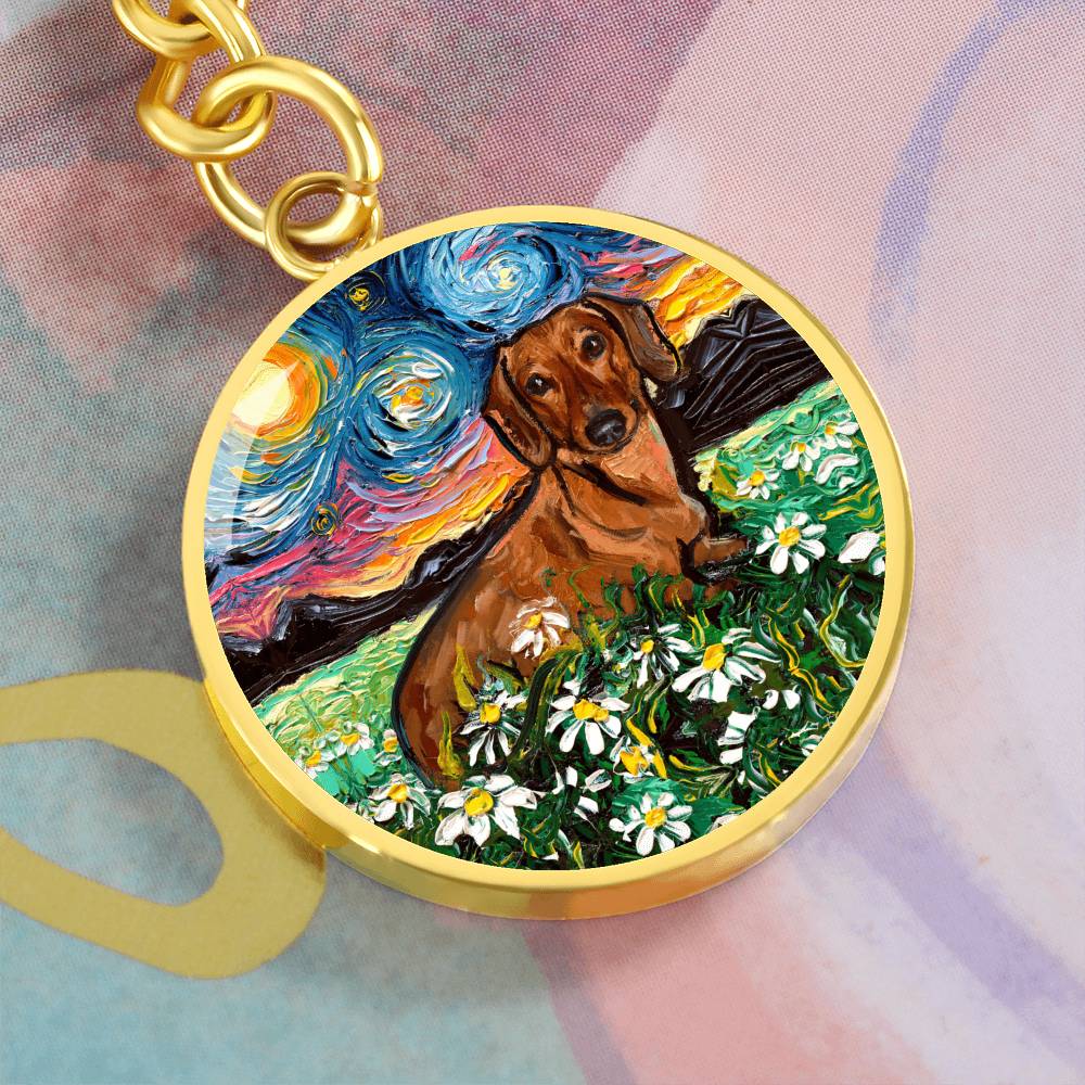 Brown Dachshund and Flowers Round Keychain