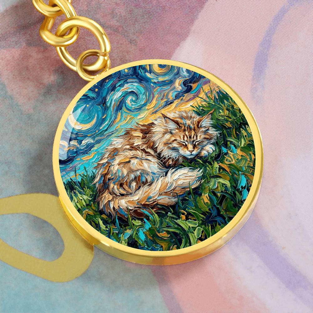 Sleepy Maine Coon Night Round Keychain
