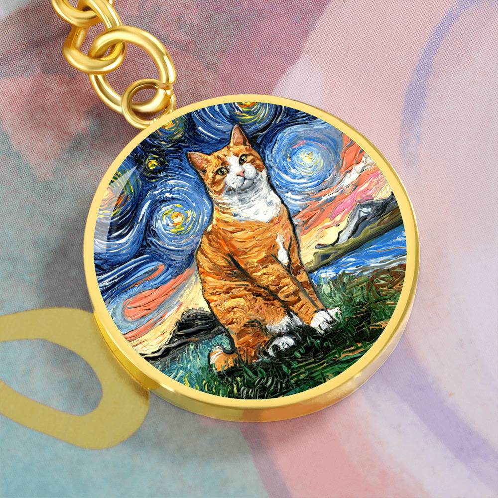Orange and White Tabby Starry Night Round Keychain